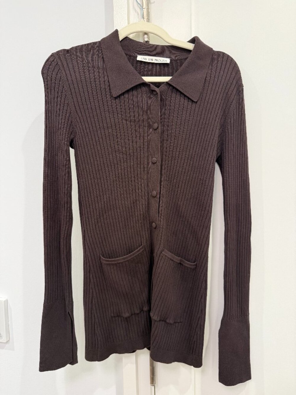 Live The Process Brown Ribbed Knit Polo Collar Cardigan Size S
